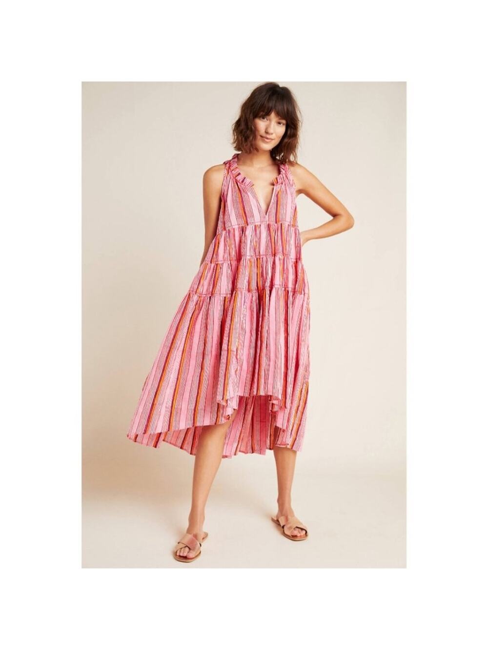 NWOT Ro’s Garden Pink Orange Striped Sasha Tiered Ruffle Midi Dress XS